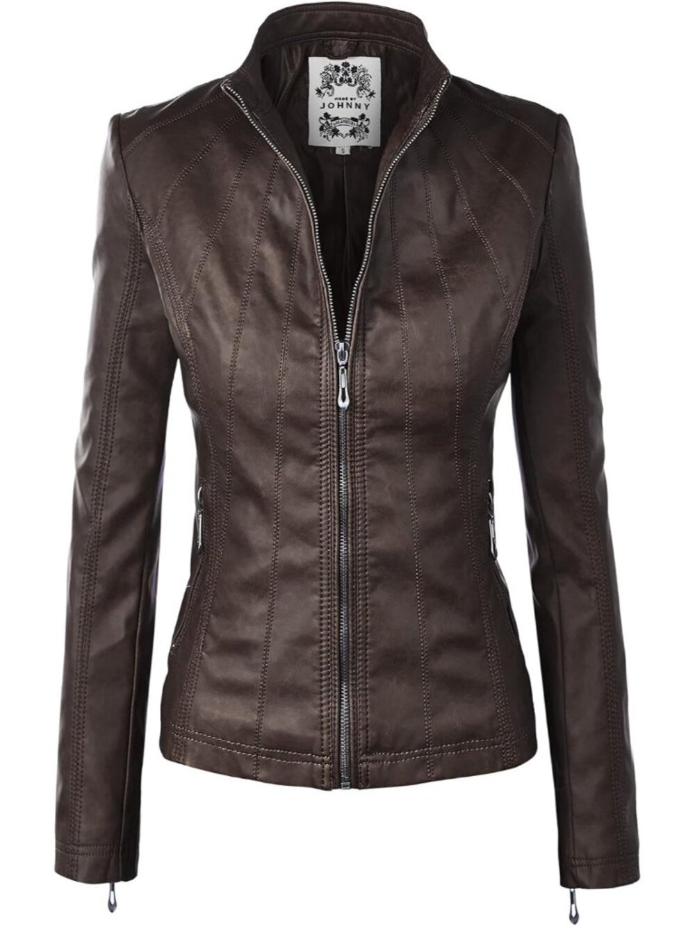 〽️Women's Coffee Faux Leather Stitching Long Sleeve Zip Up Moto Biker Jackets